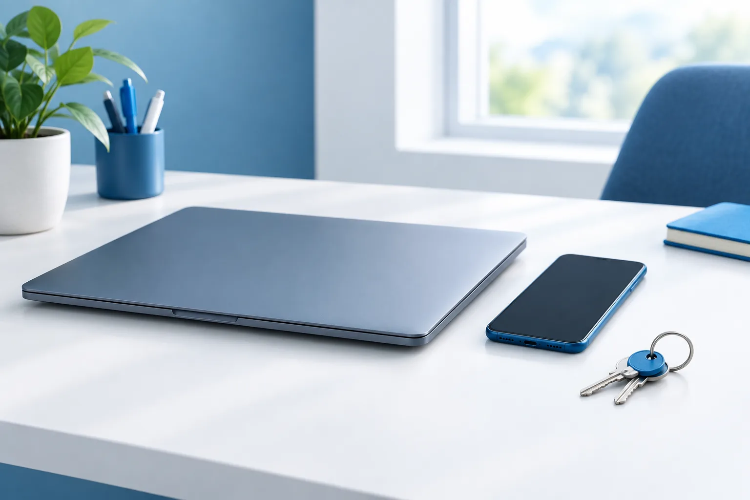 Closed laptop, blank-screen phone, and keyring on a tidy office desk.