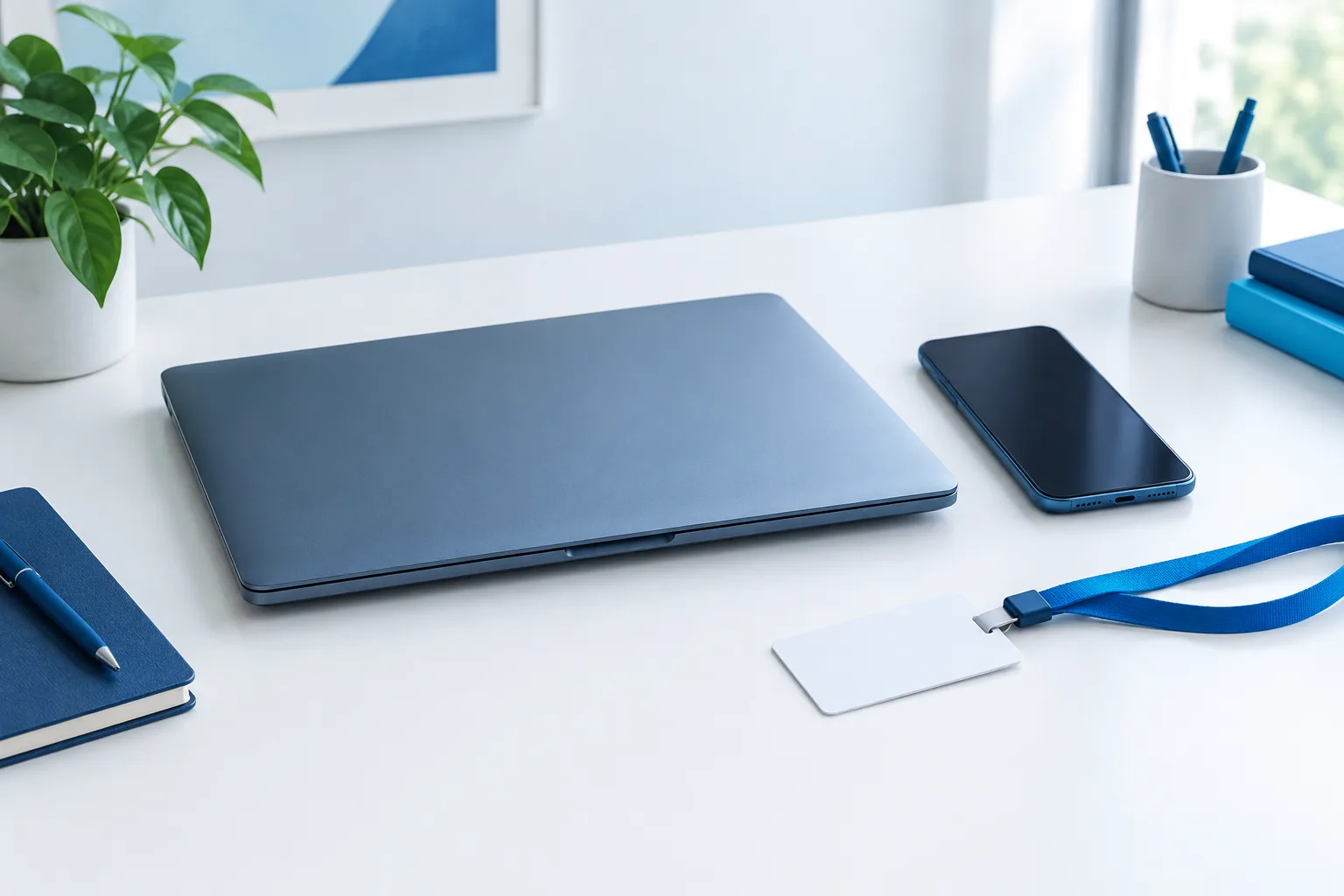 Closed laptop, blank-screen phone, and unmarked access card arranged on a desk.
