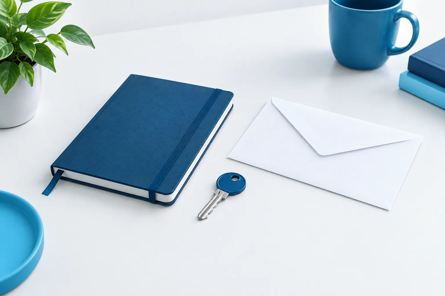 A simple security key beside a closed notebook and an unmarked envelope.