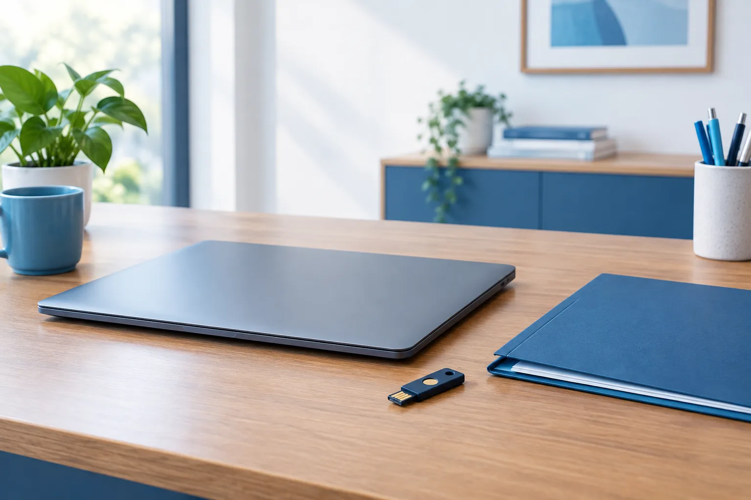 A closed laptop, security key, and plain folder on a tidy desk.
