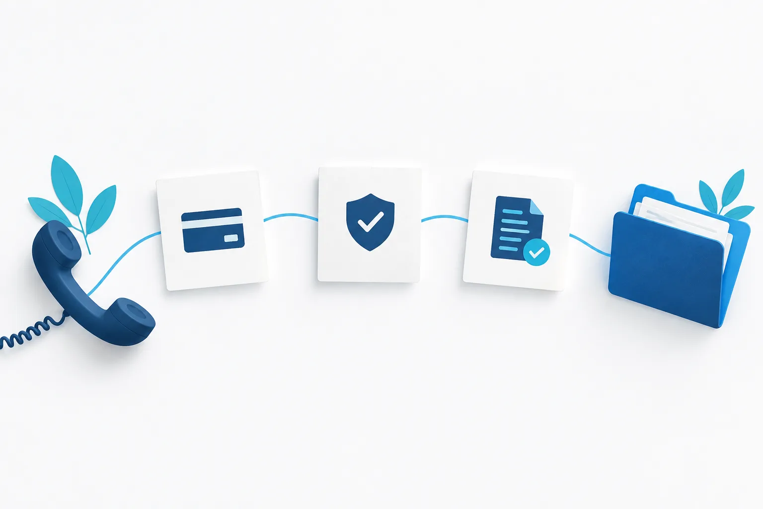 Unmarked paper cards, a phone handset, and a document folder arranged as a payment verification concept.