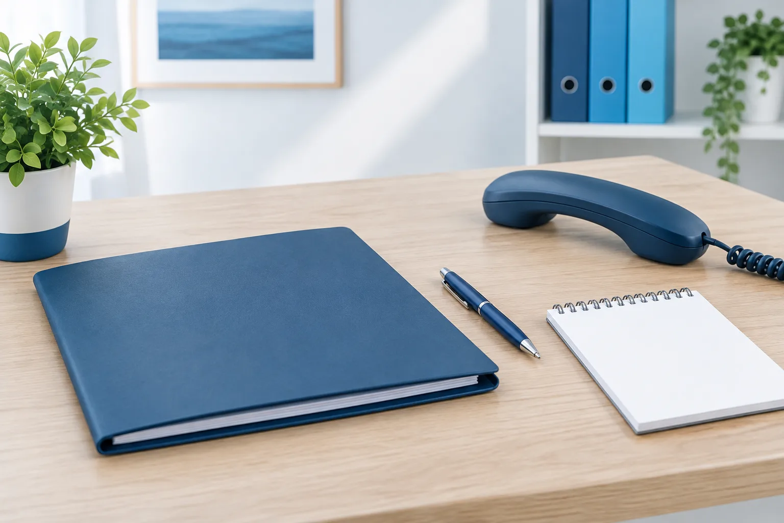 A blank notepad, phone handset, pen, and closed invoice folder on an office desk.